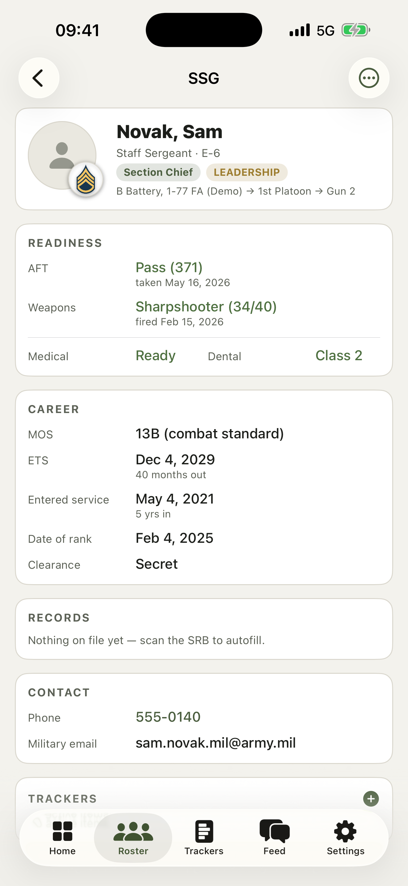 Soldier profile with readiness data