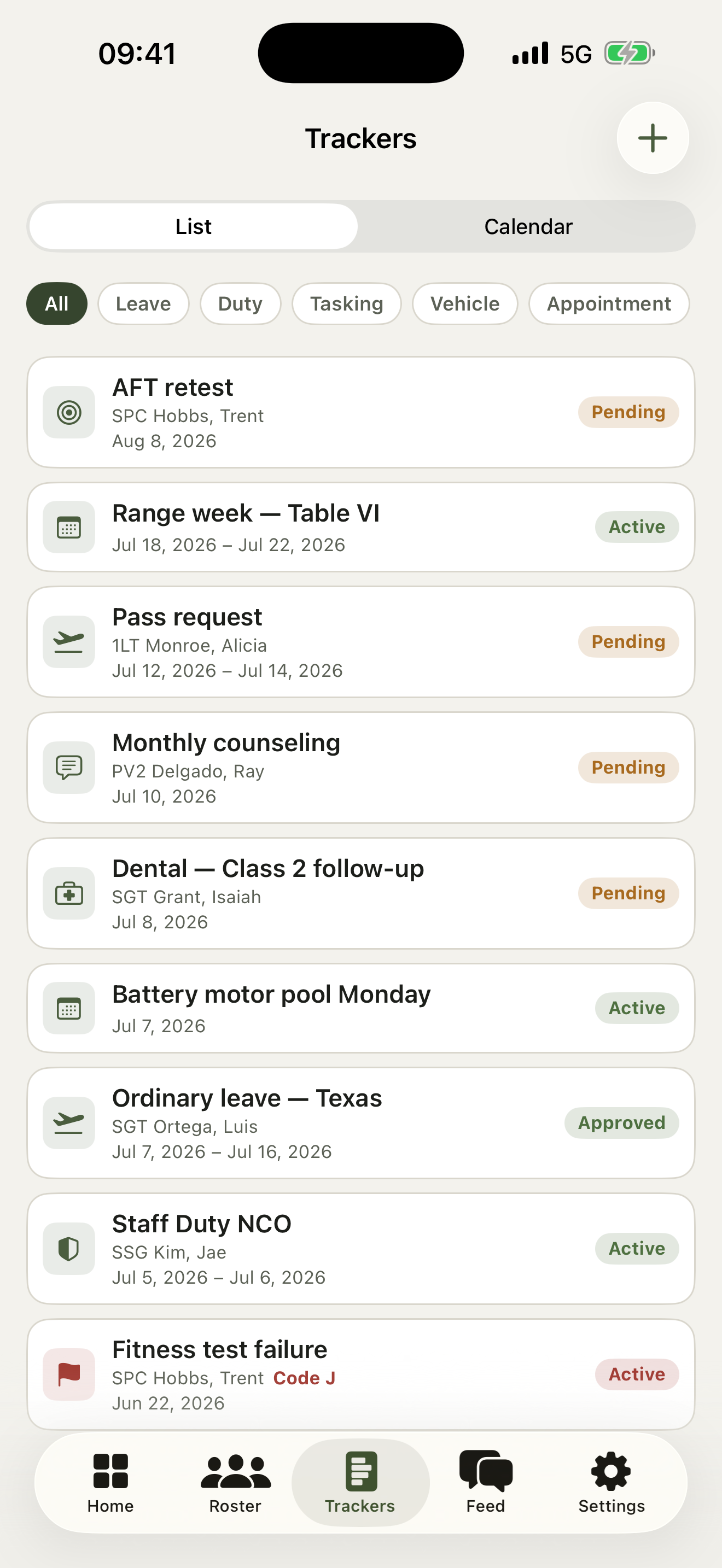 Trackers list with statuses